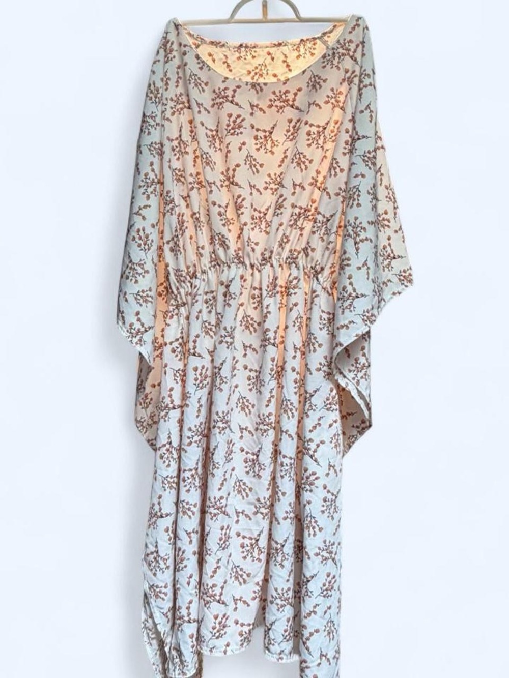 Floral Print Boho Kimono Dress in Cream and Brown